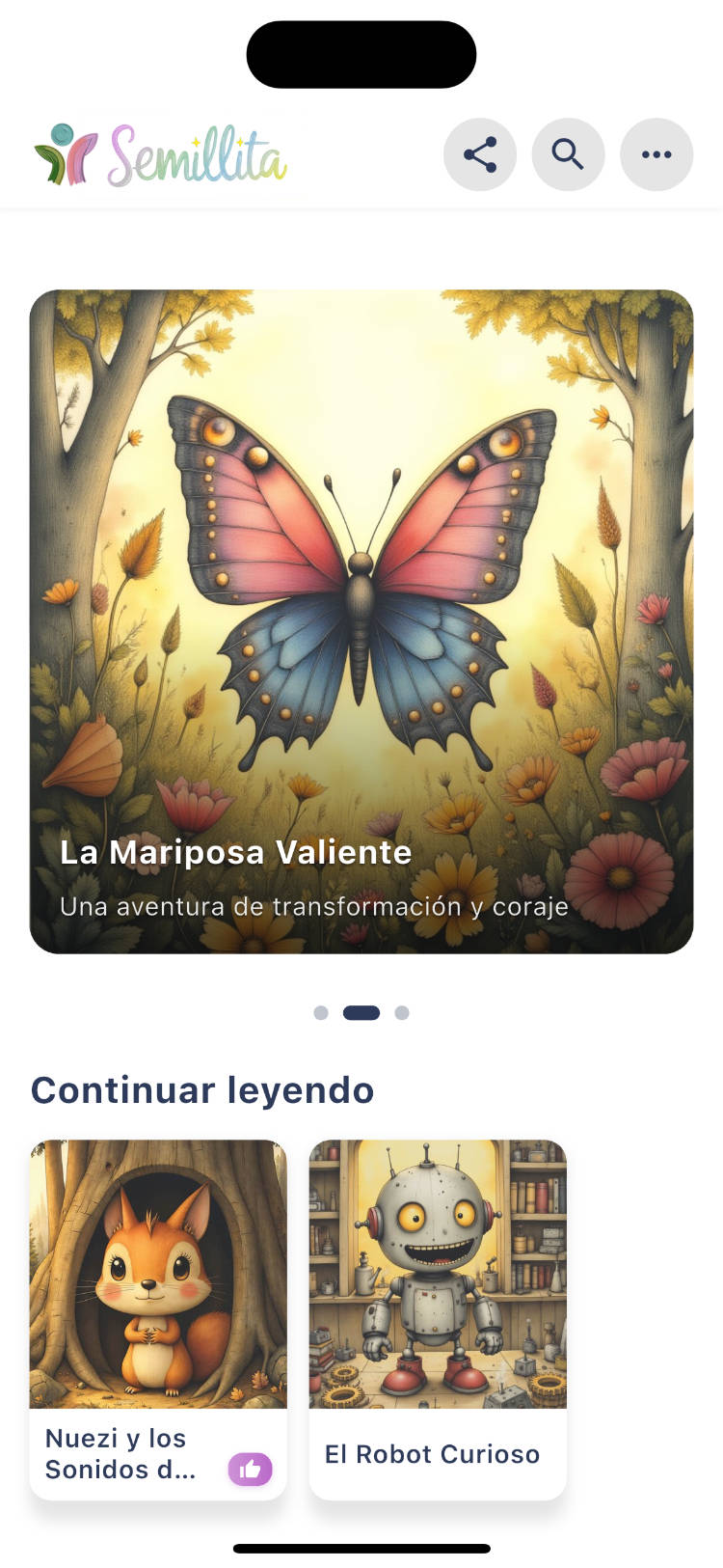 Interfaz de la app Semillita mostrando biblioteca de cuentos para niños